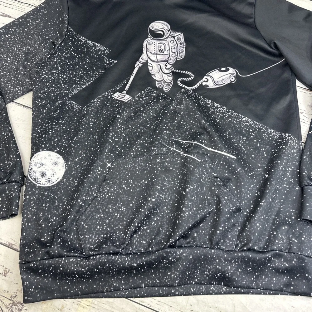 Astronaut Vacuuming Moon Space Galaxy Graphic Hoodie Black White Pullover Mens L